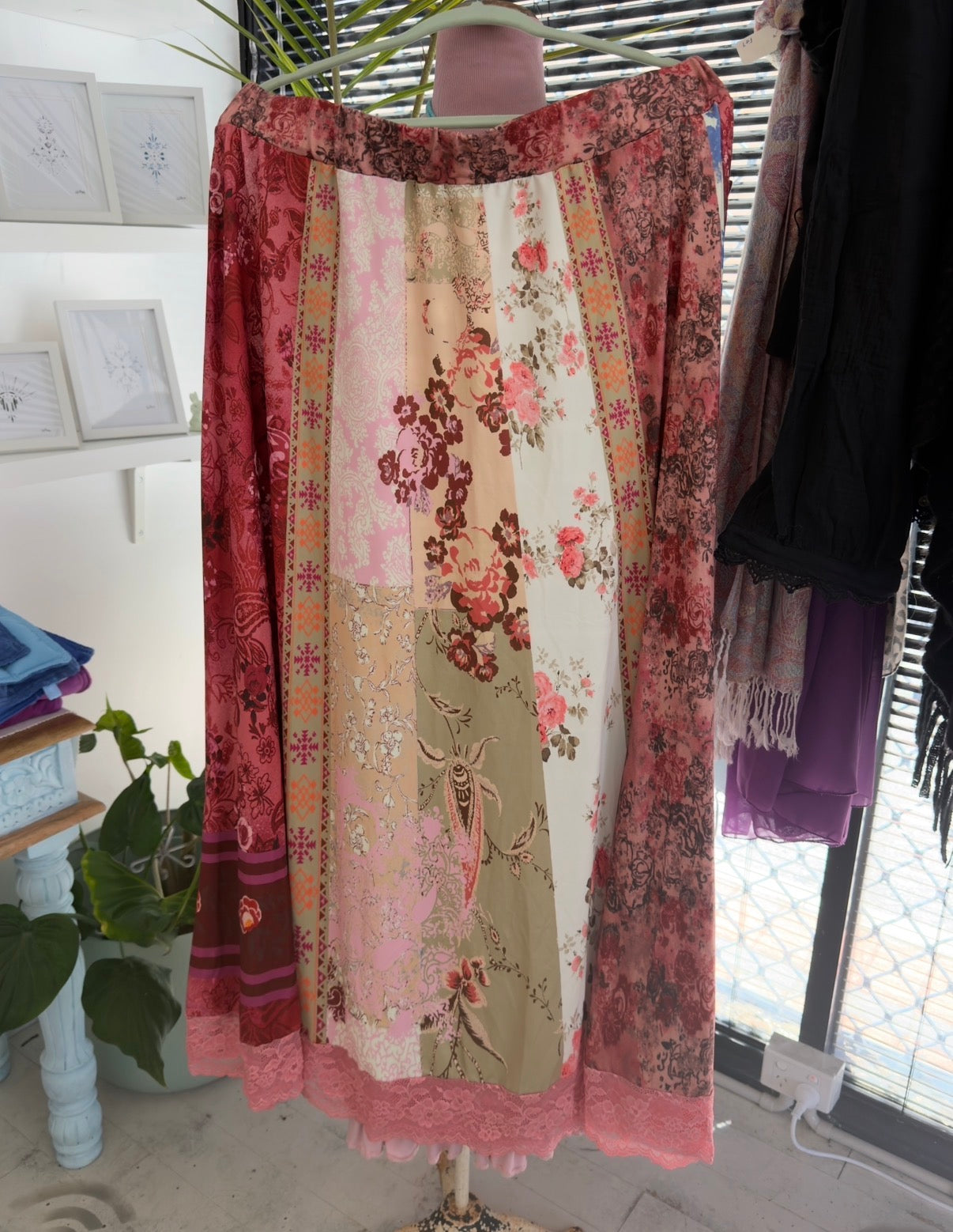 Boho Red & Pink striped Floral maxi skirt